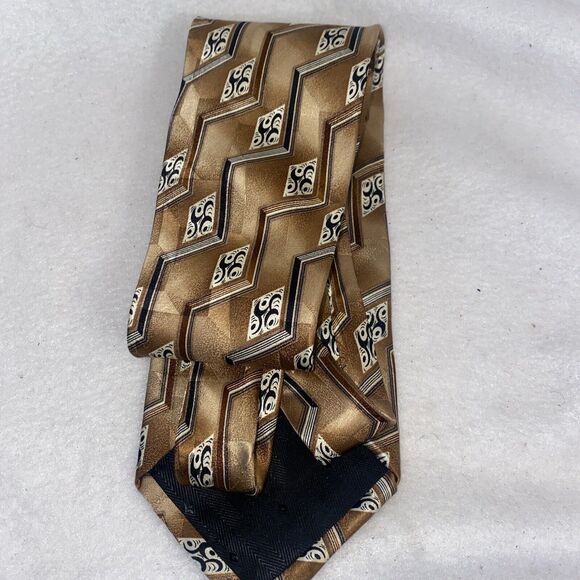 Circa 1940 Men Silk Geometric Abstract Art Neck Tie Gold 62x4 Zig Zag Vintage - Picture 3 of 9